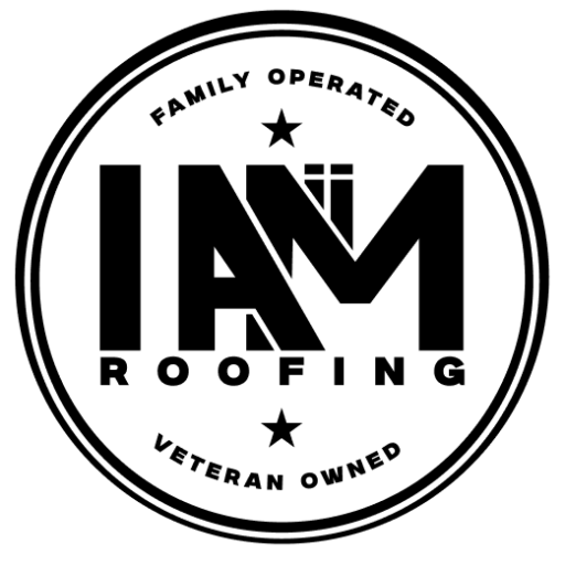 Logo for IAM Roofing, featuring bold black letters "IAM" with "Roofing" beneath. A small house silhouette forms part of the letter "A." The text "Family Operated" and "Veteran Owned" encircle the design, separated by stars.