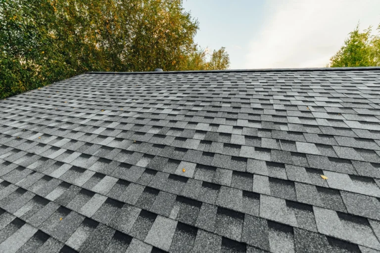 Close up of dark grey architectural shingles