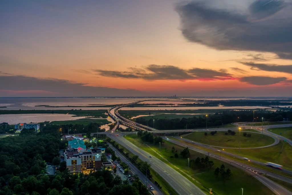 aerial view of daphne al at dusk