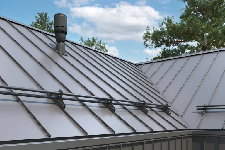 close up of heather great metal roofing panels installed on residential home