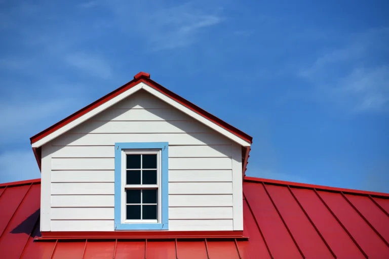 close up view of a red metal roof in standing seam style