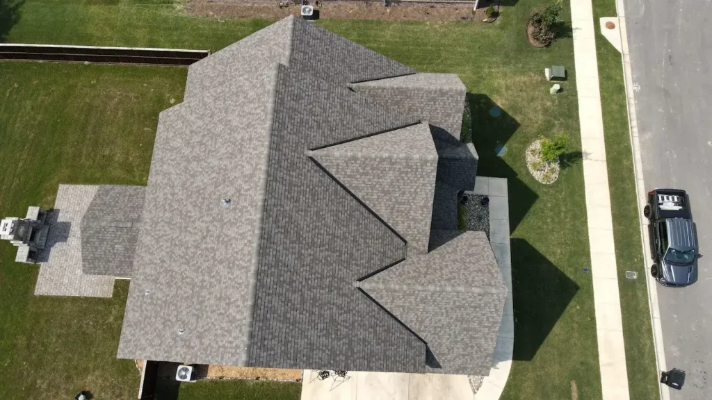 Aerial view of an asphalt shingle roof on a home in Pike Road, AL