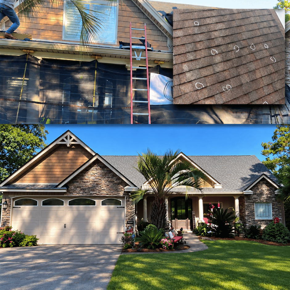 Storm-damaged shingle roof with marked impact areas during inspection, alongside a completed roof replacement by I AM Roofing.